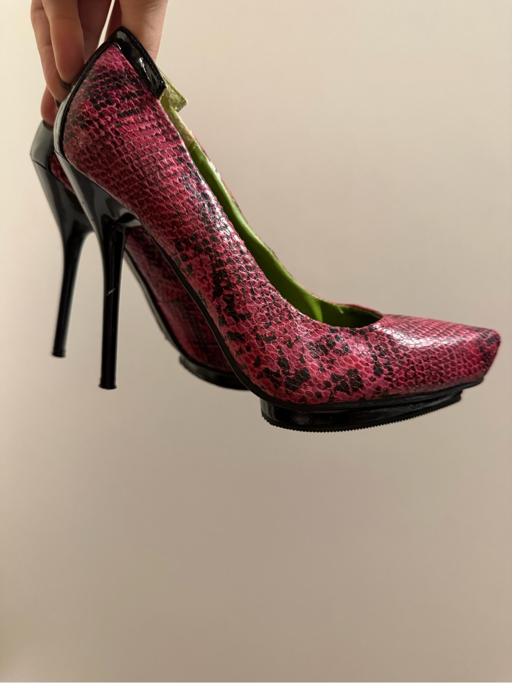 Anne Michelle Pink Snakeskin and Black Patent Stiletto Pumps